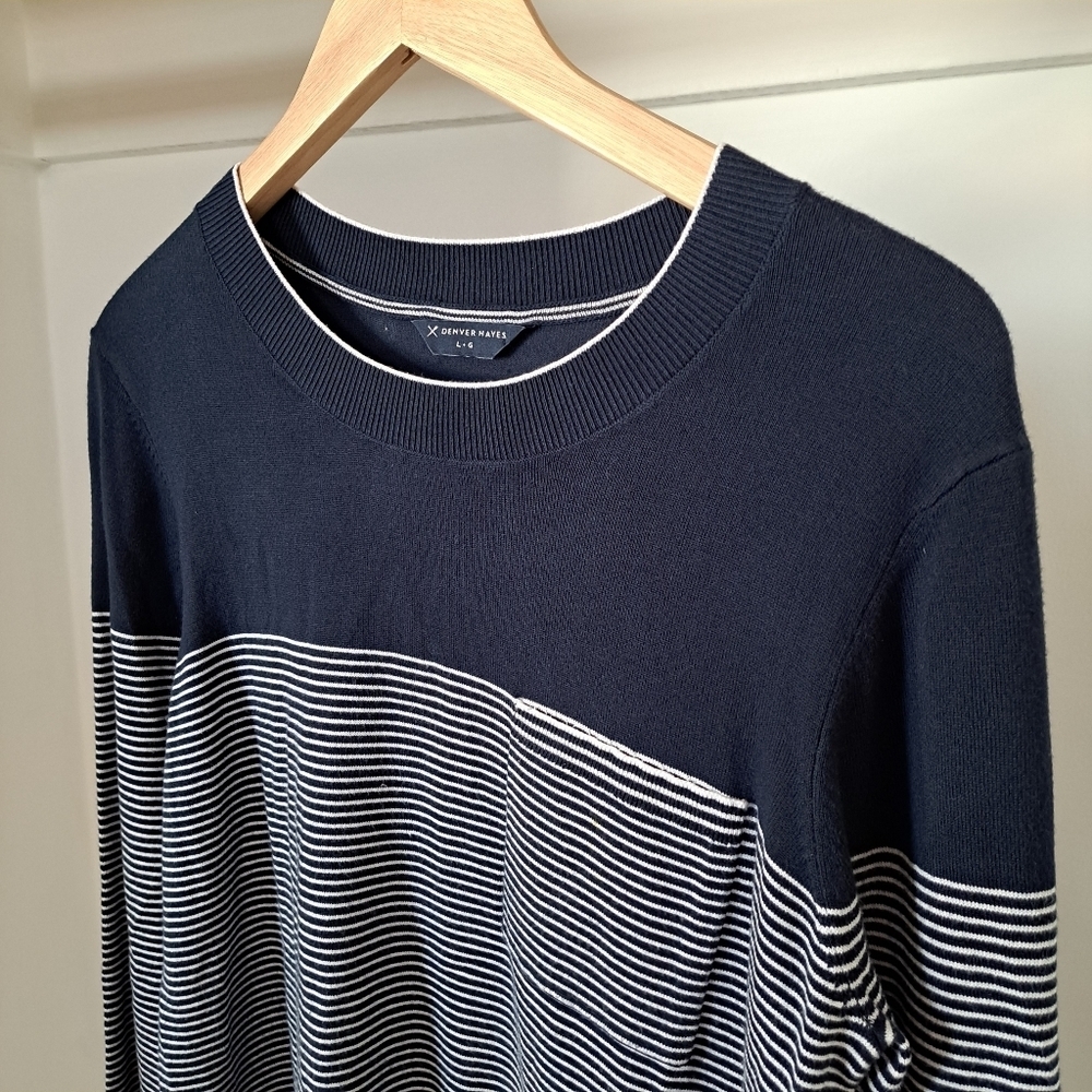 Denver Hayes | Navy blue & white striped crew neck men's sweater - Picture 3 of 10